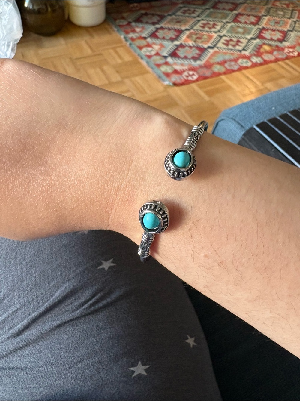 Turquoise Stone Silver-Tone Cuff Bracelet - Women Jewelry